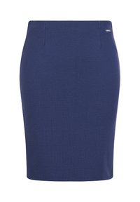 Jupe crayon bleu marine en tissu lisse. Présente un design ajusté avec une légère extensibilité et un petit accent métallique au niveau de la taille.