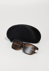 Gafas de sol negras con un acabado mate y lentes de gradiente marrón, junto a un estuche rígido negro con un logo en relieve en la superficie.
