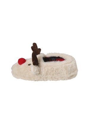 Fluffy beige slipper designed as a reindeer with brown antlers, a red nose, and a plaid interior lining.