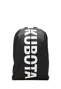 Czarna plecak o gładkiej, trwałej powierzchni, z wyraźnym białym pionowym logo "KUBOTA" oraz zapięciem na zamek u góry.