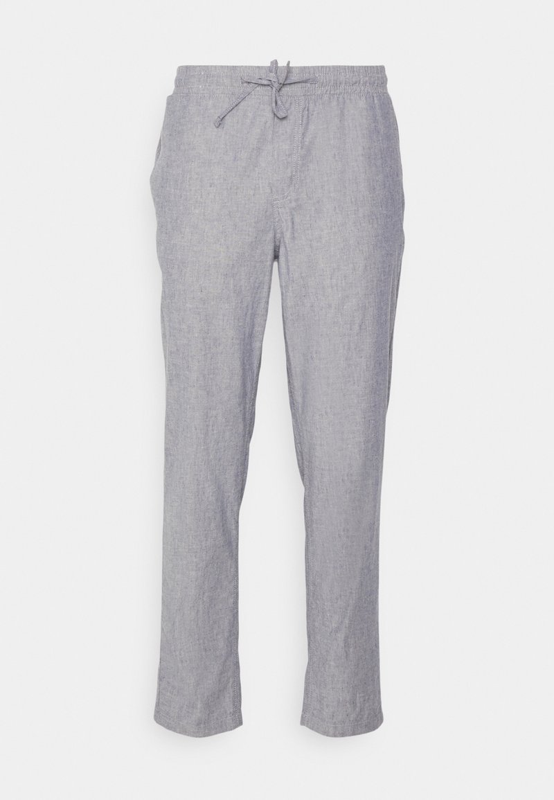 Light gray linen trousers with an elastic waist and a drawstring. Straight-leg design with side pockets and a textured, breathable fabric.