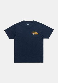 Navy blue cotton t-shirt with short sleeves, round neck, and front chest graphic featuring a skull and floral elements in yellow and red.
