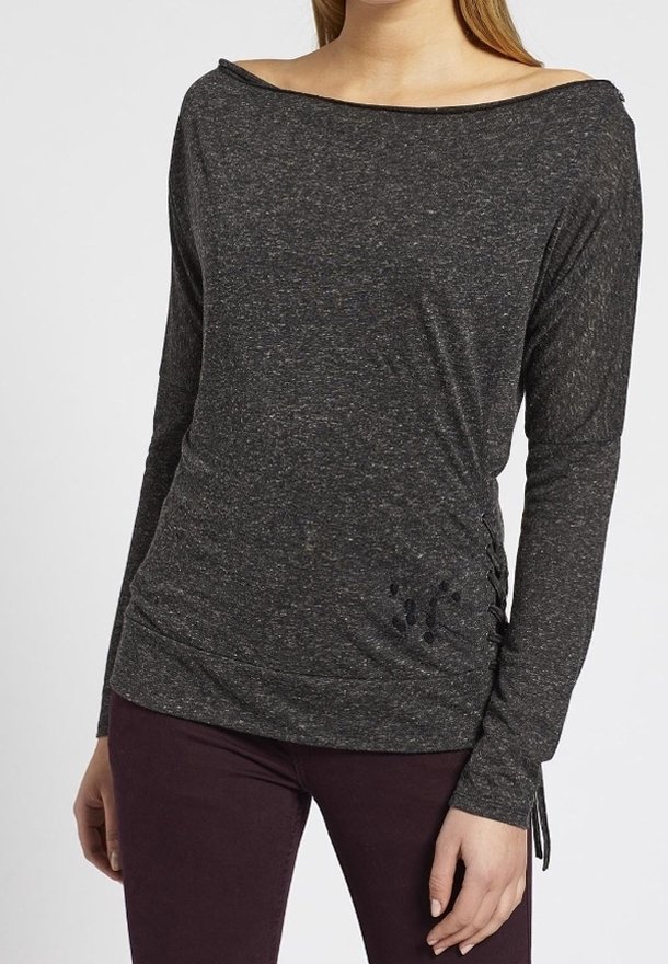 Long-sleeve, off-the-shoulder top in dark gray textured fabric with side ruching and a subtle graphic detail on the hip.