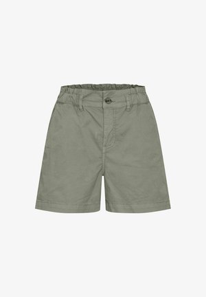 Khaki bavlnené šortky s elastickým pásom, zapínaním na gombík a bočnými vreckami; rovný strih s hladkou textúrou a bez viditeľných vzorov.