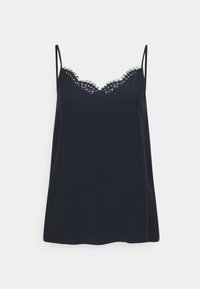 Granatowa kamizelka na ramiączkach z regulowanymi, cienkimi paskami, z delikatnym koronkowym wykończeniem przy dekolcie oraz jedwabiście gładką fakturą.