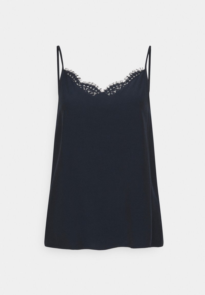 Granatowa kamizelka na ramiączkach z regulowanymi, cienkimi paskami, z delikatnym koronkowym wykończeniem przy dekolcie oraz jedwabiście gładką fakturą.