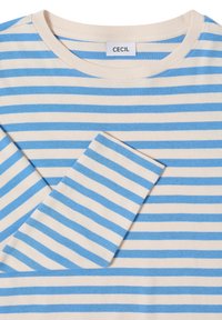 Gestreiftes Langarmshirt in Creme und Blau mit rundem Halsausschnitt und weichem Baumwollstoff. Etikett mit der Aufschrift "CECIL".