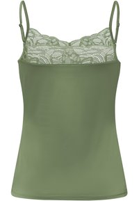 Olive green camisole with adjustable straps, featuring a lace panel along the neckline. Smooth fabric with a fitted silhouette.