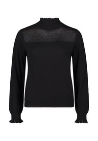 Schwarzer Pullover mit hohem, gerafftem Kragen und langen Ärmeln. Verfügt über ein transparentes Oberteil und gerippte Bündchen mit gerafften Kanten.
