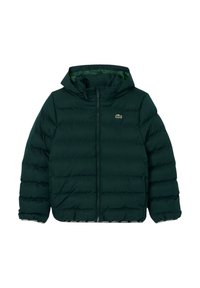 Tamsiai žalia pūsta striukė su kapišonu, priekyje užtrauktukas, šoninės kišenės ir mažas krokodilo logotipas kairėje krūtinės pusėje.