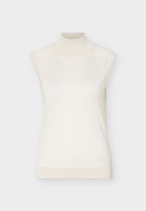 Pull sans manches à col roulé crème avec col et ourlet côtelés, présenté sur un fond clair uni.