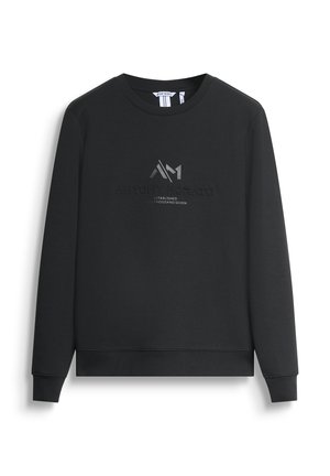 Sudadera negra hecha de un tejido suave, con cuello redondo, mangas largas y un logo frontal en una impresión tonal. Diseño simple y minimalista.