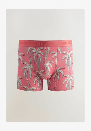 Pink men's boxer shorts featuring a palm tree print in black and white, with a smooth waistband labeled "NEXT." Cotton blend material.