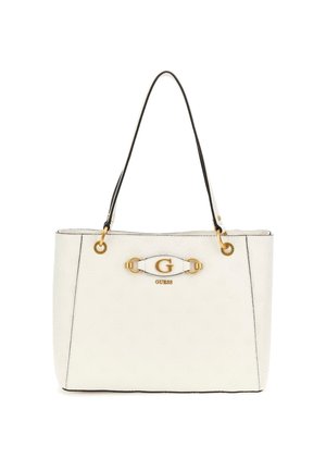 Hvid Guess-totetaske i læder med sorte skulderstropper, gyldent "G"-logo og dekorative gyldne detaljer foran.