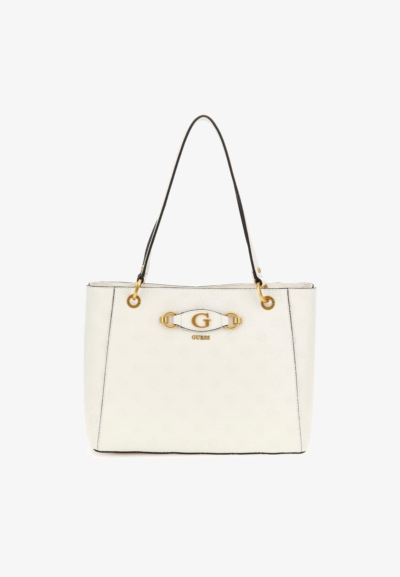 Sac fourre-tout Guess en cuir blanc avec des poignées d'épaule noires, un logo "G" doré et des éléments décoratifs en métal doré sur le devant.