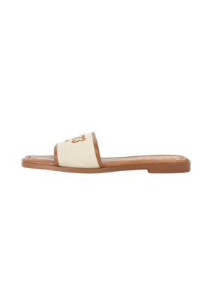 Sandalo flat con suola marrone e cinturino in tessuto beige con bordo marrone e cuciture decorative.