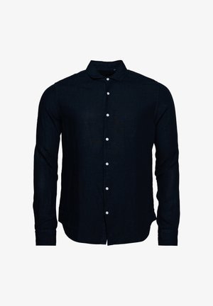 Donkerblauwe linnen overhemd met lange mouwen, button-down kraag en witte knopen. Glad textuur en aansluitend ontwerp, geschikt voor casual kleding.
