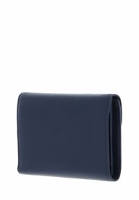 Navy blue leather wallet with a smooth texture, rectangular shape, and a folded design showcasing a clean, minimalistic appearance.