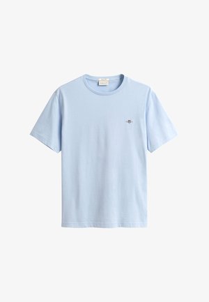 T-shirt di cotone azzurro con maniche corte, scollo rotondo e piccolo logo ricamato sul petto sinistro. Tessuto morbido e design casual.