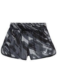 Mustat ja harmaat kuvioidut urheilusortsit, joissa on leveä elastinen vyötärö, sivutaskut ja kaareva helma liikkuvuuden helpottamiseksi.