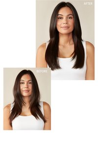 Deux portraits d'une femme avec de longs cheveux raides et foncés. Le haut montre des cheveux lisses et brillants (après), le bas a une texture légèrement frisée (avant).