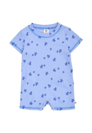 Jasnoniebieski krótki kombinezon dla niemowląt z ciemnoniebieskim drobnym wzorem kwiatowym i zatrzaskami na ramieniu oraz w kroku.