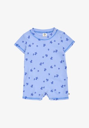 Body bébé bleu clair à manches courtes avec petits motifs floraux bleu foncé, doté de boutons-pression aux épaules et à l'entrejambe.