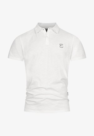 Polo alb din bumbac, cu guler clasic, mâneci scurte și un mic logo negru pe pieptul stâng.