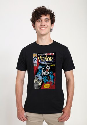 Czarny bawełniany t-shirt z ilustracją okładki komiksu Venom w żywych kolorach oraz elementami tekstowymi; klasyczny krój z okrągłym dekoltem.