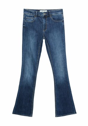 Jean en denim évasé de couleur bleu délavé. Comprend des poches avant, des passants de ceinture et une taille standard. Coutures contrastées visibles dans tout le vêtement.