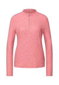 Różowy top z długim rękawem, półgolfem i suwakiem. Wykonany z prążkowanej tkaniny o fakturowanej powierzchni. Prosty, dopasowany krój.