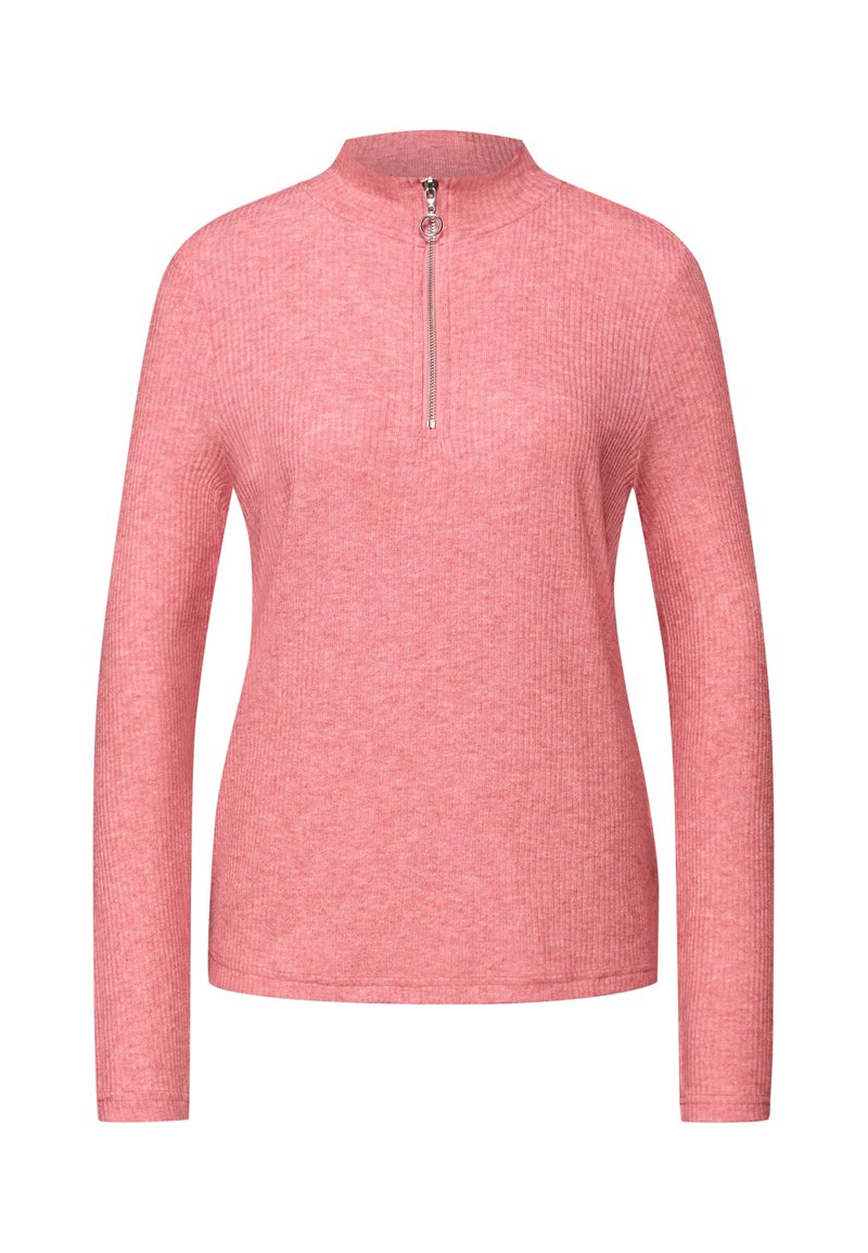 Różowy top z długim rękawem, półgolfem i suwakiem. Wykonany z prążkowanej tkaniny o fakturowanej powierzchni. Prosty, dopasowany krój.