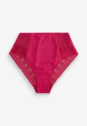 Højttaljet bikiniunderdel i lyserød satin med blondesider med geometrisk mønster og elastisk taljebånd.