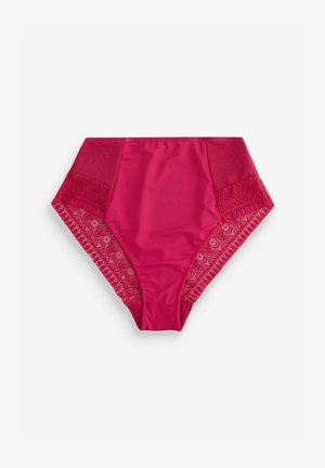 Chiloți de bikini cu talie înaltă din satin roz aprins, cu panouri laterale din dantelă ce prezintă un model geometric și talie elastică.