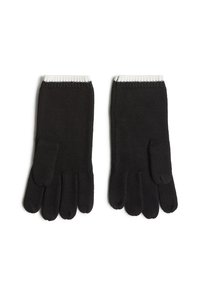 Guantes negros de punto con puños acanalados blancos en contraste, que presentan cinco secciones de dedos individuales y una textura suave. Sin patrones discernibles.