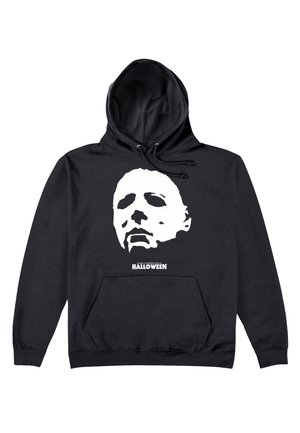 Sudadera con capucha negra con una máscara estilizada blanca y el texto "John Carpenter's Halloween" debajo del gráfico en la parte delantera.