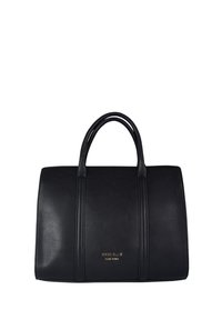 Borsa a tracolla in pelle nera con design strutturato, doppio manico superiore e logo in rilievo dorato sulla parte frontale. Presenta dettagli di cuciture verticali.