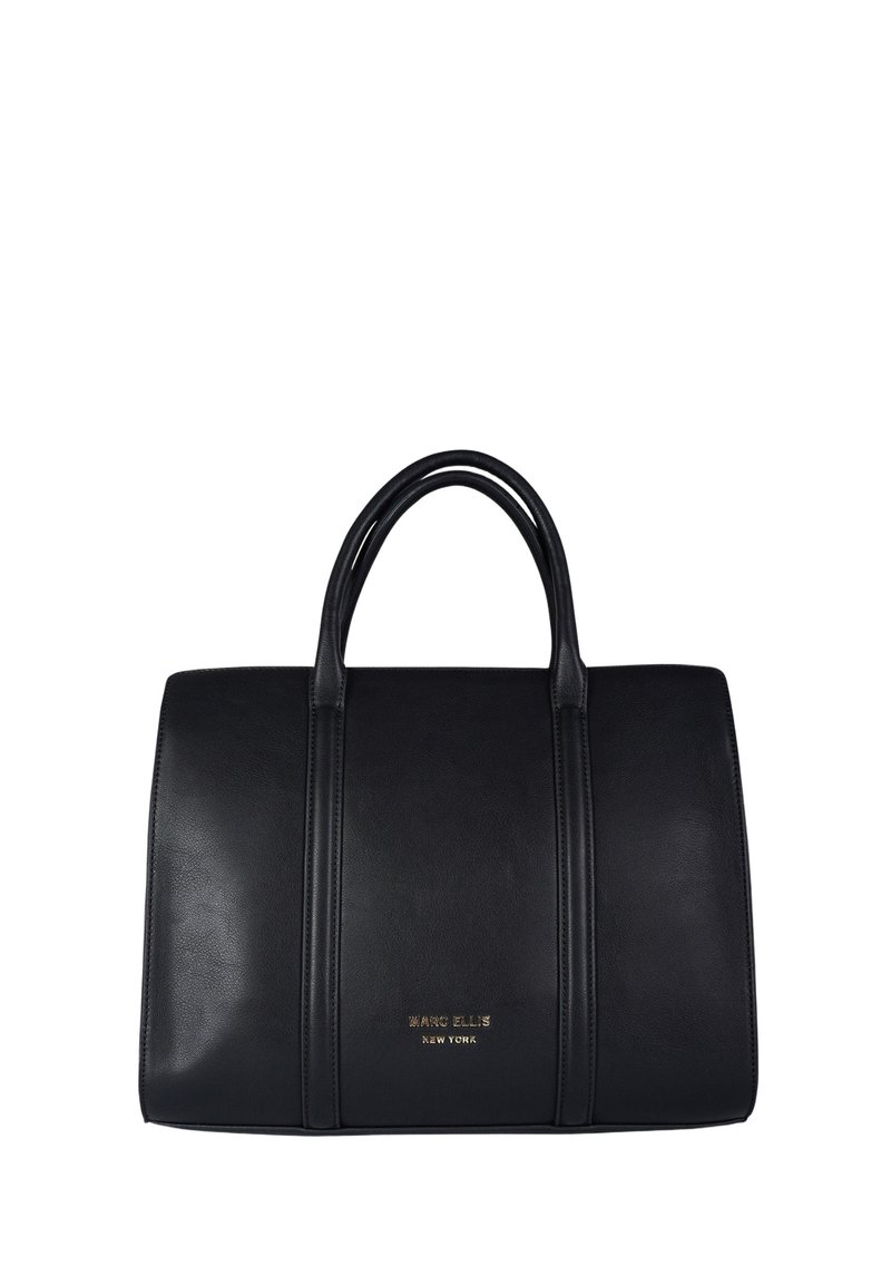 Borsa a tracolla in pelle nera con design strutturato, doppio manico superiore e logo in rilievo dorato sulla parte frontale. Presenta dettagli di cuciture verticali.