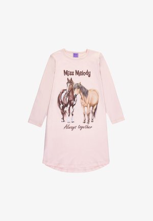 Una camicia da notte lunga rosa chiaro con maniche lunghe, che presenta un'immagine di due cavalli e il testo "Miss Melody Insieme per sempre" in caratteri marrone scuro.