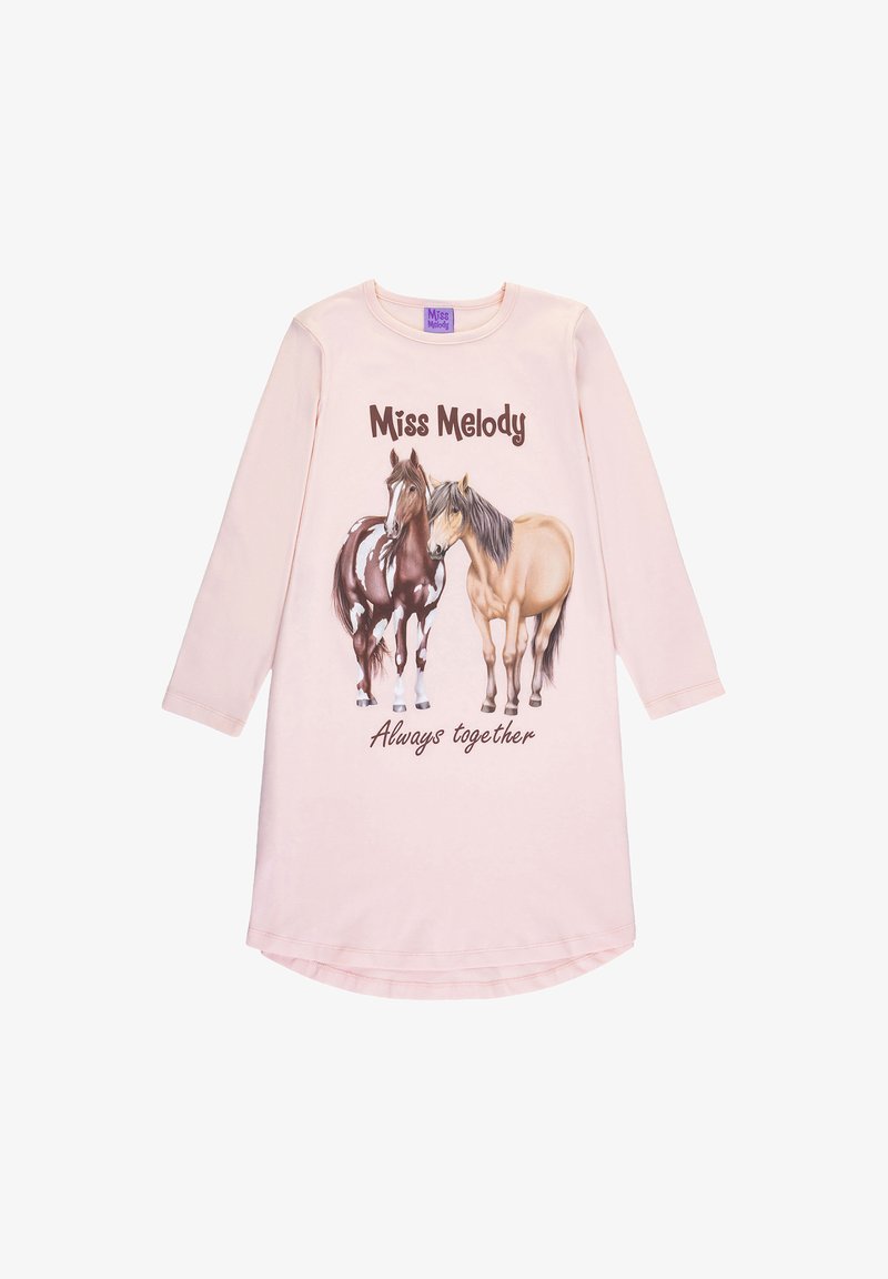 Light pink long-sleeve nightgown featuring a graphic of two horses and the text "Miss Melody Always together" in dark brown lettering.