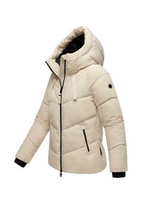 Puffjacka i ljusbeige, med hög krage, justerbar huva, dragkedja fram och kontrasterande svarta mudd. Quidlad design.