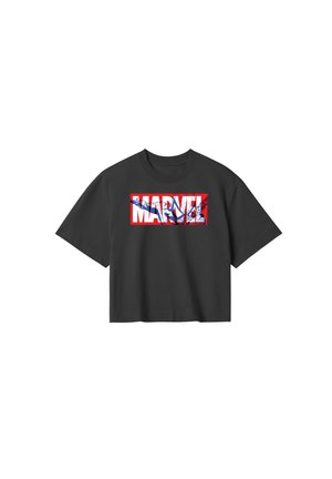 Black short-sleeve t-shirt featuring a bold "MARVEL" graphic in red and blue with a white background, made from cotton fabric.