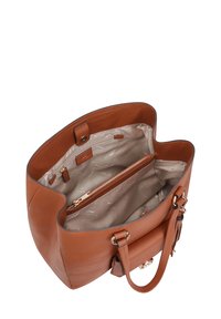 Bruine leren handtas met een ruim interieur, voorzien van een ritsvak en een gladde beige voering. Inclusief dubbele handvatten en een zijtassel als accent.