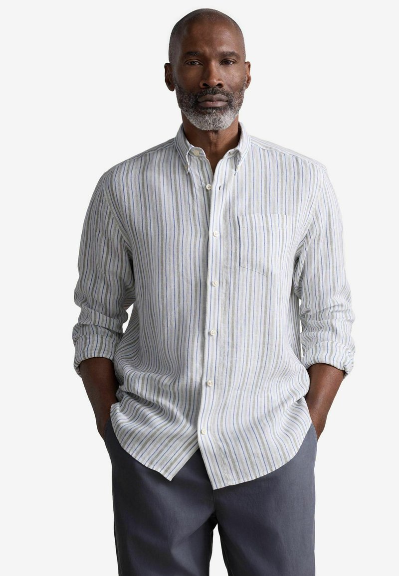 Button-up shirt in a lightweight fabric, featuring vertical stripes in blue and gray tones. Includes a chest pocket and rolled sleeves.