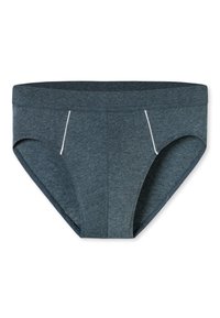 Dunkelgraue Herrenunterwäsche in Form eines Slips mit einem breiten Bund und zwei vertikalen weißen Nähdetails an den seitlichen Vorderseiten.