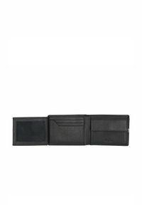 Billetera de cuero negro con un acabado texturizado, que cuenta con múltiples compartimentos para tarjetas, una ventana transparente para identificación y un bolsillo de cierre seguro.