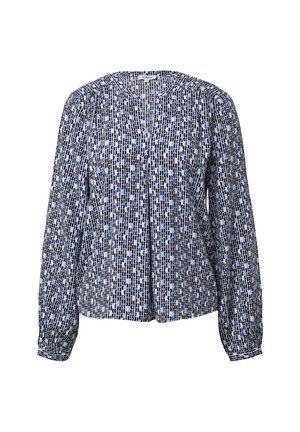 Langarmbluse mit blauem, schwarzem und weißem geometrischen Muster, rundem Ausschnitt und geknöpften Manschetten.