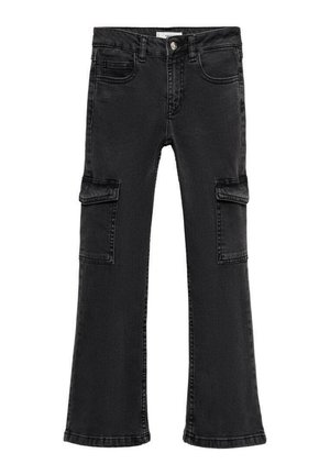 Sorte denim cargobukser med to sidelommer, en tætsiddende talje, udvidede ben og diskrete syningsdetaljer. Velegnet til afslappet brug.