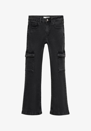 Pantalon cargo en denim noir avec deux poches latérales, une taille ajustée, des jambes évasées et des détails de couture subtils. Convient pour un port décontracté.