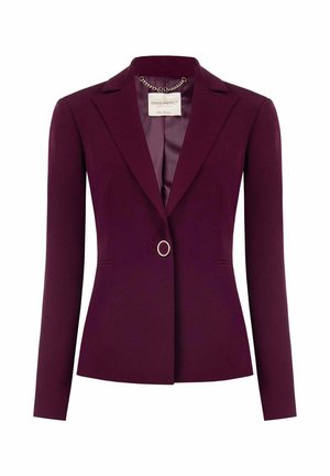 Blazer bordeaux con design aderente, rever a notched, chiusura con un solo bottone con un accento circolare e maniche lunghe. Tessuto dalla texture liscia.